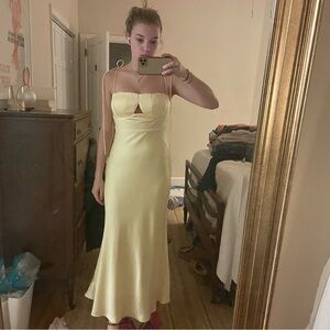 yellow satin dress tie shoulder detailed top